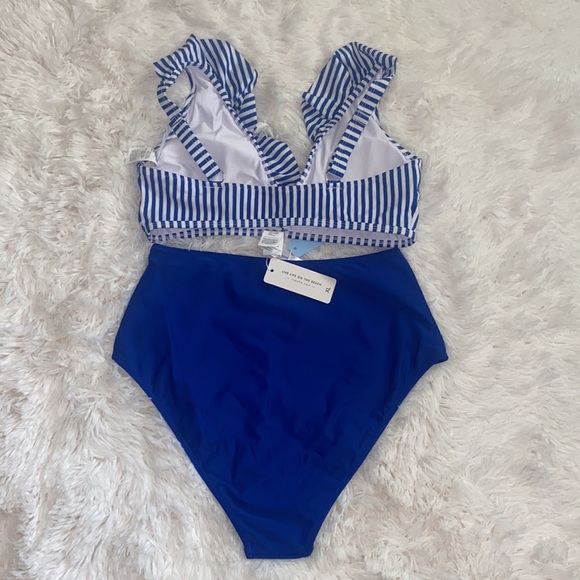 Women's High Waisted Bikini with Ruffle Striped Cutout Two Piece Bathing Suit - Picture 5 of 5